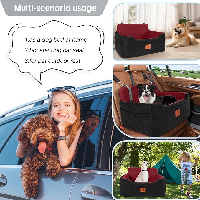 Dog Car Seat for Medium/Large Dogs, Dog Booster Seat for Pet Under 50lbs or 2 Small Dogs, Detachable and Washable Pet Car Bed, Multi-Functional Pet Booster Seat for Backseat(Black/Red)-PawvioPets