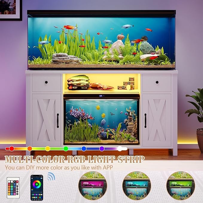 75 Gallon Fish Tank Stand with LED Light & Power Outlets, 55-75 Gallon Aquarium Stand with 2 Drawers & 2 Barn Doors, 52" L x 20" W Cabinet for 2 Fish Tank Accessories Storage, Turtle Tank, White-PawvioPets