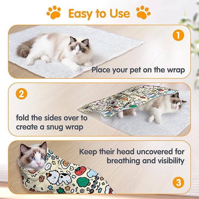 27.6" Large Cat Grooming Wrap, Cat Grooming Supplies, Cat Wrap for Cutting Nails, Self-Adhesive Cat Grooming Bag for Cats Within 15lbs Cat Restraint for Nail Clipping, Medicine Taking(Yellow)-PawvioPets