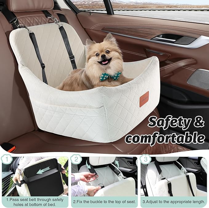 Dog Car Seat for Medium Dogs,Easy to Install with Adjustable Straps,Anti-Slip Bottom,Fully Detachable and Washable,Soft Fabric Fill in Memory Foam,Two Side Pockets(Beige,Medium)-PawvioPets