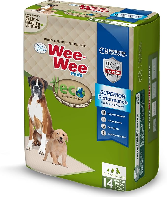 Four Paws Wee-Wee Superior Performance Bamboo Pee Pads for Dogs, Earth Friendly Dog & Puppy Potty Training Pads, Crate Liners, Housebreaking Supplies, 22" x 23" (14 Count)-PawvioPets