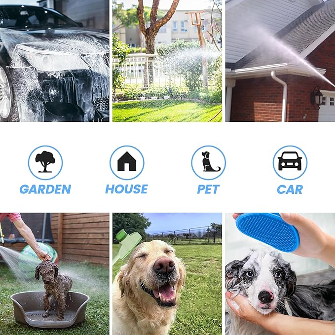 Dog Wash Hose Attachment, 10-in-1 Spray Mode Pet Shower Soap Sprayer with Grooming Comb Rubber Brush, Hose Nozzle with 100cc Soap Dispenser, for Watering, Car Wash, Dog and Horse Showering (Blue)-PawvioPets