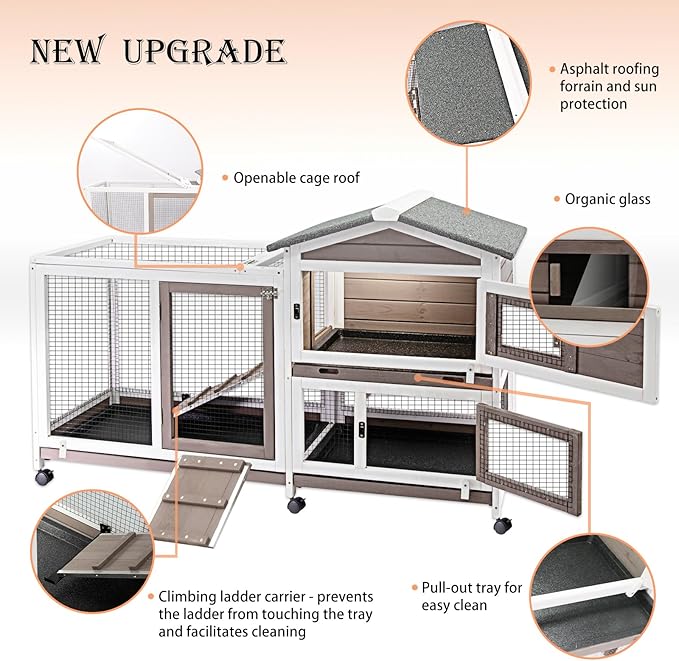 57" L Rabbit Hutch Indoor Outdoor 2 Story Large Bunny Hutch with Run Guinea Pig Cage Wooden Rabbit Cage with Removable 3 Pull Out Trays Pet House for Small-Medium Animals-PawvioPets
