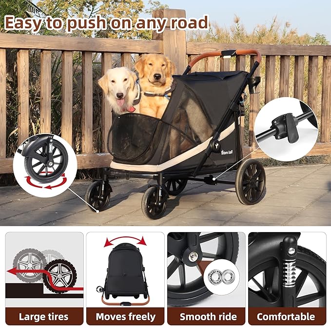 Dog Stroller for Large Dogs One-Click Folding 4 Wheel Foldable Dog Stroller for 2 Dogs with Storage Pocket Suitable for Pets Up to 110LBS (Black, Large)-PawvioPets