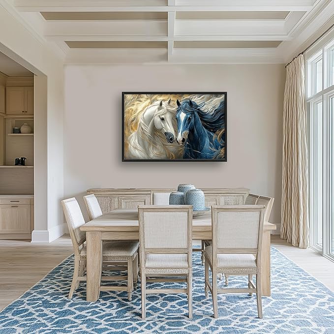 Framed Large Horse Wall Art for Living Room, Oversized Abstract Horses Wall Decor Blue and Golden Canvas Painting Animal Pictures Modern Artwork for Living Room Bedroom Office 36"x24"-PawvioPets