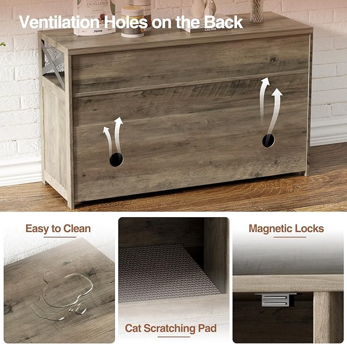 Cat Litter Box Enclosure for 2 Cats, 47" Double Hidden Litter Box Furniture with Scratch Pad, Farmhouse Indoor Litter Box Cabinet Cat Washroom, Grey-PawvioPets