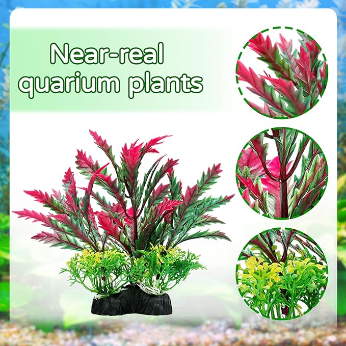 Fish Tank Accessories Aquarium Plants, 12pcs Colorful Fish Tank Artificial Plants and Cave Rock Decor Set, Aquarium Decorations Plants-PawvioPets