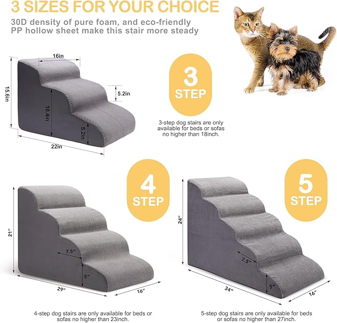 Dog Stairs for Bed and Couch, Non-Slip 5-Step Pet Stairs, 24" High Sofa Foam Dog Ramp - Best for Small Pets, Dogs and Cats with Joint Pain-PawvioPets