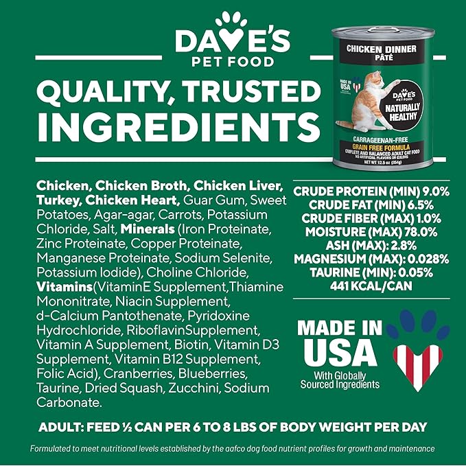 Dave's Pet Food Grain Free Wet Canned Cat Food Pate(Chicken), Made in USA Naturally Healthy, Wheat & Gluten-Free, 12.5 oz Cans (12 Pack)-PawvioPets