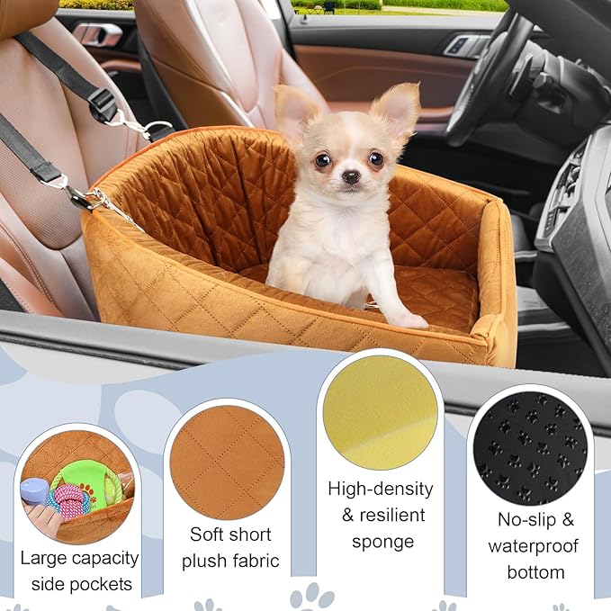 Dog Car Seat for Small Dogs, Memory Foam Booster Dog Seat for Dogs up to 35 lbs, Elevated Pet Car Seat with Washable Removable Cover, Storage Pockets-PawvioPets