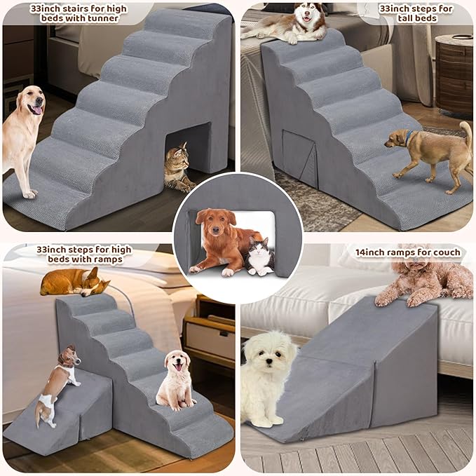 Dog Stairs & Steps for High Beds 30-36 inches High Tall, LitaiL 33inch 7 Steps Pet Stairs/Steps for High Beds Small Large Dogs, Non-Slip Dog Ramps/Ladder for Old Dogs/Cats-PawvioPets