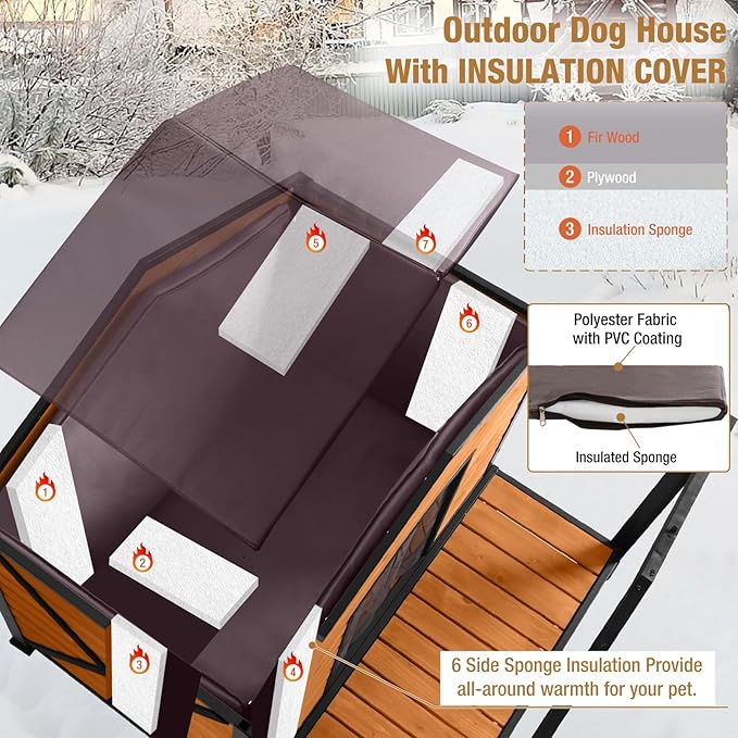 Extra Large Dog House Outdoor & Indoor, Insulated Liner Dog Kennel Weatherproof for Winter, 6 Sides All-Round Foam with Strong Metal Chew Proof Frame, for Small Medium Large Dogs-PawvioPets