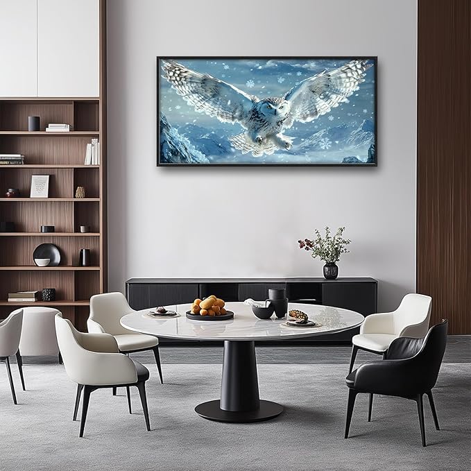 Framed Large Snowy Owl Wall Art for Living Room, Oversized Snowy Mountain Wall Decor Landscape Canvas Painting Modern Artwork Home Decoration for Living Room Bedroom Office 60"x30"-PawvioPets