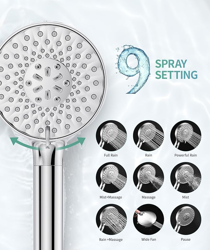 Filtered Shower Head with Handheld, High Pressure 9 Spray Mode Chrome Showerhead with Filters,detachable shower head,Water Softener Filters Beads for Hard Water -Remove Chlorine-PawvioPets