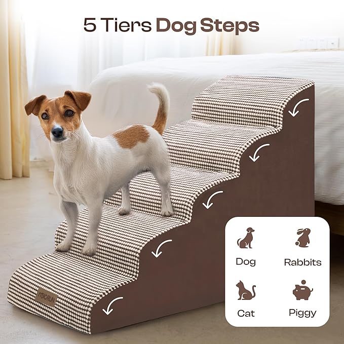 Curved Dog Stairs for High Bed Up to 26", 5-Step Dog Ramp for Small Dogs with Washable Cover, Non-Slip Steps for Cats to Get on Couch and Sofa, Durable Foam Ladder for Medium Breeds, White Coffee-PawvioPets
