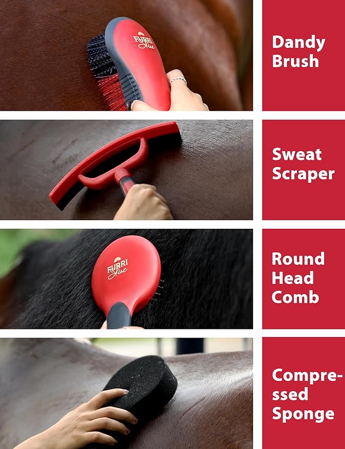 9PCS Horse Grooming Kit Curry Comb Sweat Scraper Horse Bathing Supplies Grooming Tools with Storage Bag Shadowberry-PawvioPets