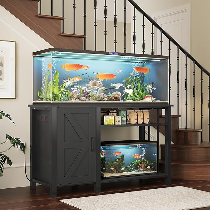 Aquarium Stand with Power Outlets, 55-75 Gallon Heavy Duty Fish Tank Stand with Cabinet Storage & Adjustable Shelf, for Fish Tank, Turtle Tank, Reptile Terrarium, 1000LBS Capacity, Black-PawvioPets