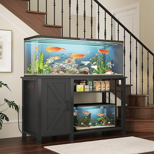 Aquarium Stand with Power Outlets, 55-75 Gallon Heavy Duty Fish Tank Stand with Cabinet Storage & Adjustable Shelf, for Fish Tank, Turtle Tank, Reptile Terrarium, 1000LBS Capacity, Black-PawvioPets