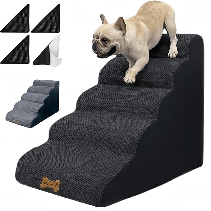 Dog Stairs & Pet Ramp for Small/Large Dogs to High Beds/Couches - 5 Steps 24-inch Height for 18-30 inch Furniture, 2 Washable Covers (Black, Grey), Non-Slip Balanced 33D Design for Old Dogs & Cats-PawvioPets