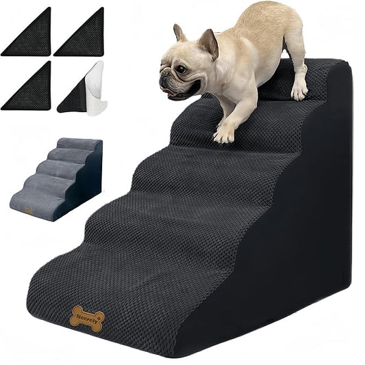 Dog Stairs & Pet Ramp for Small/Large Dogs to High Beds/Couches - 5 Steps 24-inch Height for 18-30 inch Furniture, 2 Washable Covers (Black, Grey), Non-Slip Balanced 33D Design for Old Dogs & Cats-PawvioPets