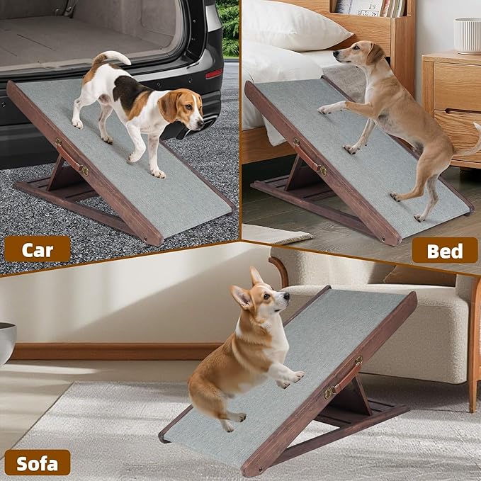 Folding Dog Ramp for Bed, Couch, Car, SUV & RV - Adjustable 4 Heights (12.2"-19.2"), 35.4" Long Wooden Pet Ramp with Non-Slip Mat & Safety Rails - Supports Pets up to 200 lbs-PawvioPets