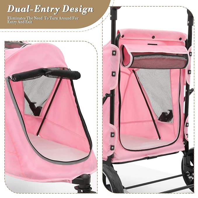 Athena Collection 3 Wheels Pet Stroller Fabric Dog Cart Dog Stroller for Large Dogs 55 Lbs Pet Stroller with Mesh Windows, Zipper Back Pocket, Safety Tether, Angle Adjustable Handlebar, Pink-PawvioPets