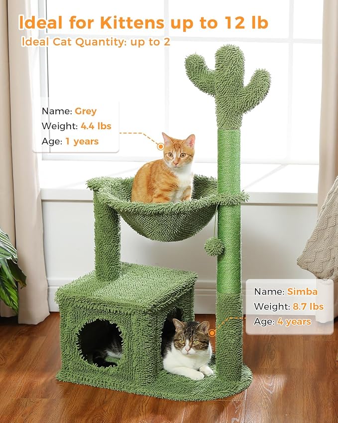 Cactus Cat Tree 40" Cat Tower with Large Metal Carpet Hammock, Cat Scratching Post for Indoor Cats with Condo & Replaceable Toy Ball, Green-PawvioPets
