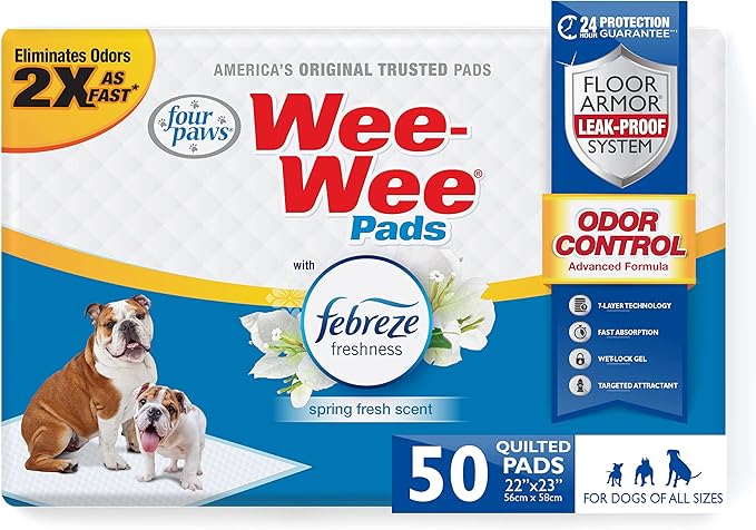 Four Paws Wee-Wee Odor Control with Febreze Freshness Pee Pads for Dogs & Puppies, Leak-Proof Dog Housebreaking Potty Training Floor Protection, Spring Fresh Scent, 22" x 23", 50 Count-PawvioPets