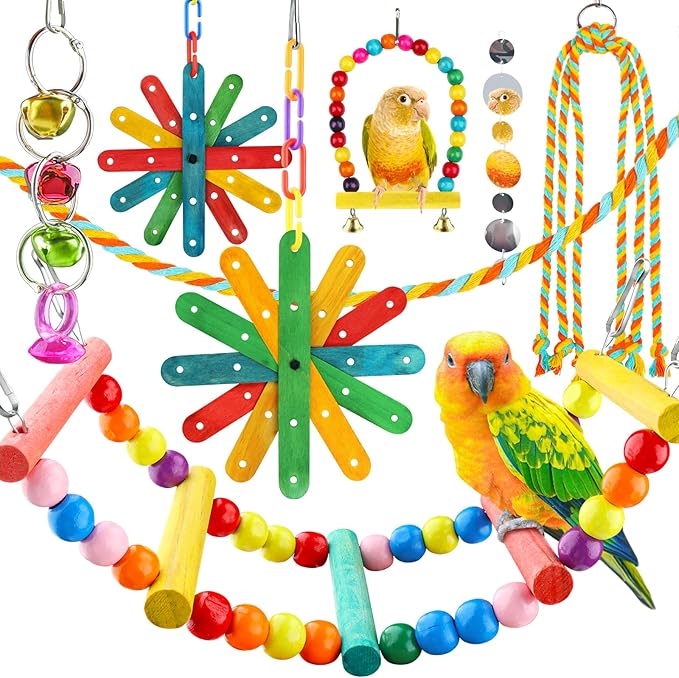8 pcs Bird Toys for Parakeets with Colorful Ladder Hammock Bird Cage Accessories Bird Perch Stand Chewing Toys Hanging Bell Parrot-PawvioPets
