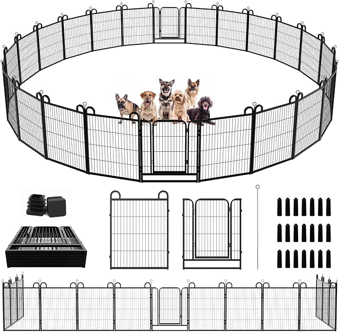 Dog Playpen Outdoor 24 Panels Heavy Duty Dog Fence 32" Height Anti-Rust with Doors Portable for RV Camping Yard, Total 54FT, 227 Sq.ft, Snowy Black-PawvioPets