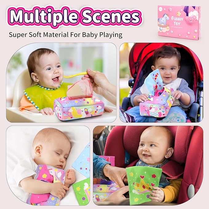 Baby Toys 6 to 12 Months - Tissue Box Toy, Tissue Learning Toys with Alphabet Number Color Sound, Baby Sensory Toy Gifts for 6 9 12 18 Months Old-PawvioPets
