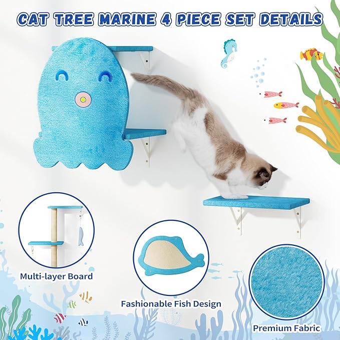 COZIWOW 4-Piece Wall-Mounted Cat Tree Set – Sturdy Wood Pet House, Scratching Board, Platforms, Sisal Posts & Blue Fish Charm – Ocean Blue-PawvioPets