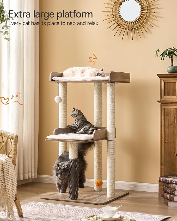 FourFurPets 43.7" Cat Tree, Modern Cat Tree Tower, Cat Tower for Indoor Cats Large Adult, Cat Condo with Scratching Post, Large Perch and Removable Pads, Greige-PawvioPets