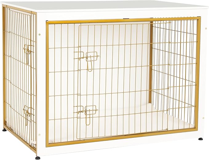 DWANTON Dog Crate Furniture with Cushion, Wooden Kennel Table with Double Doors, Indoor Dog House, Extra Large Size, 43.3" L, White+Gold-PawvioPets