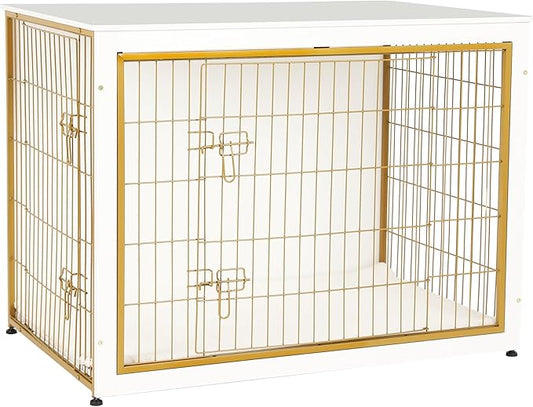 DWANTON Dog Crate Furniture with Cushion, Wooden Kennel Table with Double Doors, Indoor Dog House, Extra Large Size, 43.3" L, White+Gold-PawvioPets