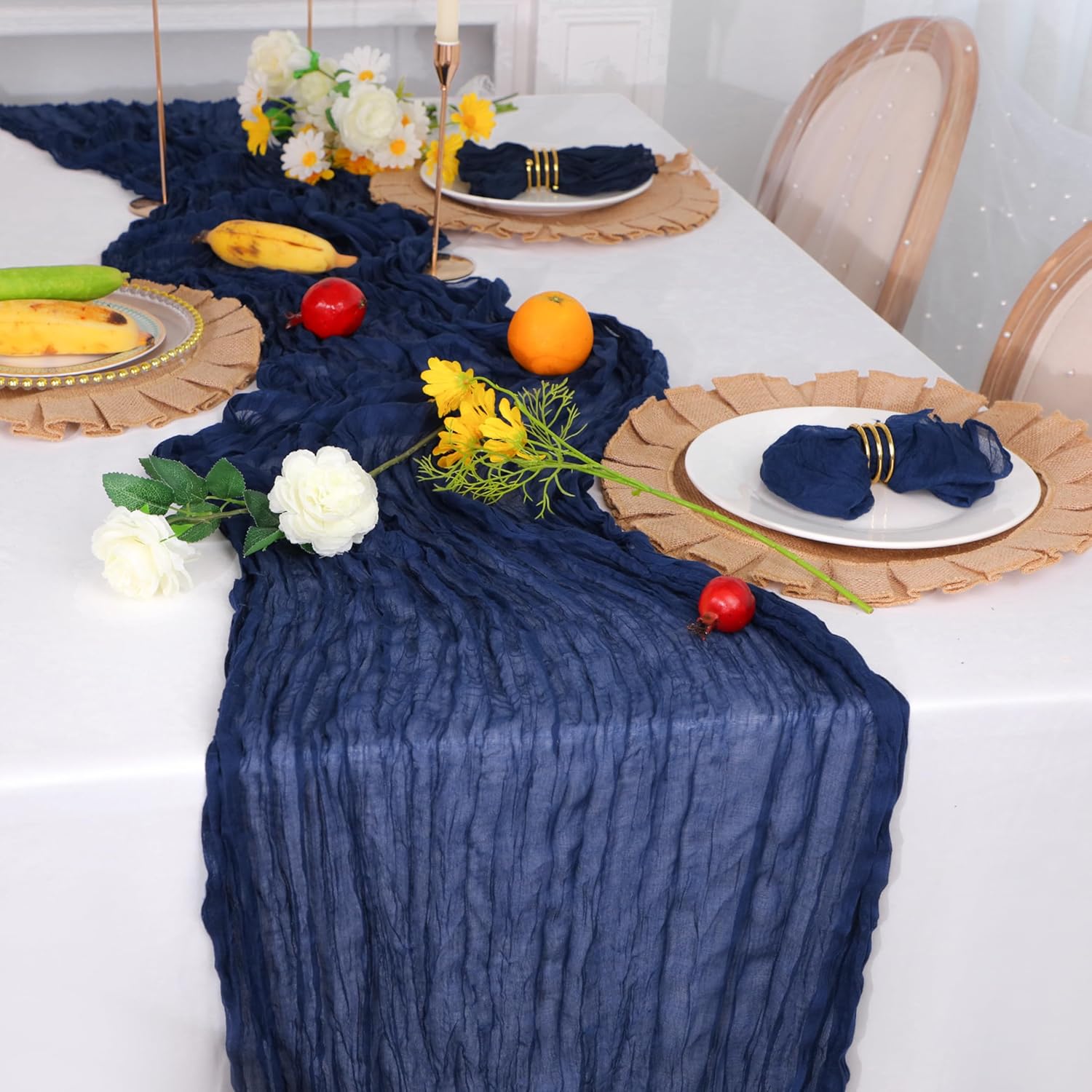 Snowkingdom 6PCS 13Ft Navy Blue Cheesecloth Table Runner, 160inch Long Cheese Cloth Boho Gauze Runner for Wedding Bridal Baby Shower Birthday Holiday Party Sheer Table Decorations