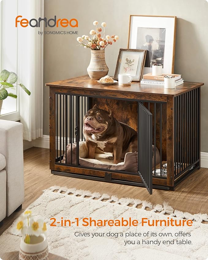 Feandrea Dog Crate Furniture, 38 Inches Dog Kennel for Dogs up to 70 lb, with Removable Tray, Heavy-Duty Dog Cage End Table, Double Doors Dog House, Rustic Brown UPFC013X01-PawvioPets