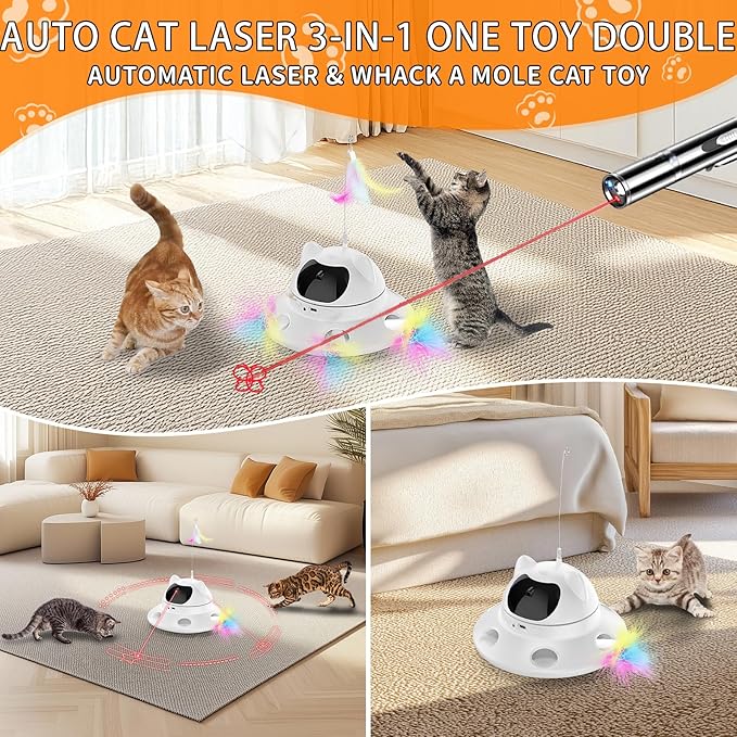 Cat Laser Toy,Automatic Laser cat Toy 3-in-1 Interactive Automatic Motion Activated Moving 6 Holes Whack A Mole Feather, USB Rechargeable Electronic Smart Sensor Kitten Toys for Indoor Exercise-PawvioPets