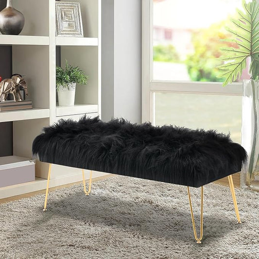 42.5 Inch Black Bedroom Bench, Benches for Bedroom White Faux Fur Upholstered Bed end Bench, Tufting Ottoman Bench Indoor Bench with Metal Legs for Living Room Bedroom Entryway, Black-PawvioPets