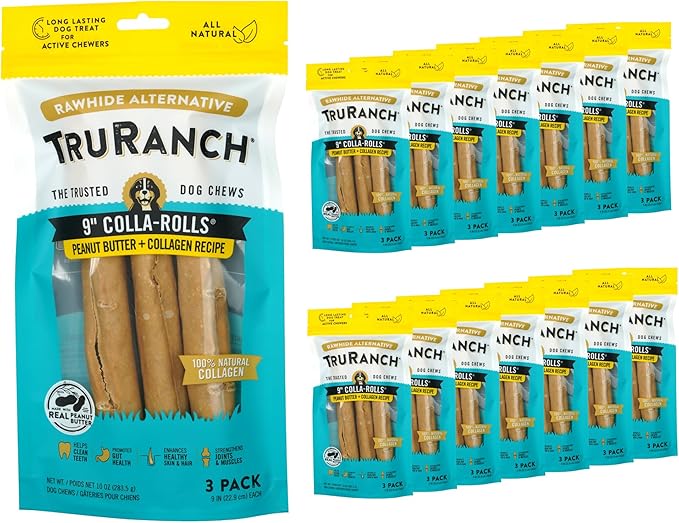 Collagen Rolls - 9" Collagen Rolls for Dogs - Long Lasting Healthy Joint Support - Rawhide Alternative - Skin & Coat Health - Made with Real Peanut Butter, Value Pack, 15 Bags, 45 Count-PawvioPets