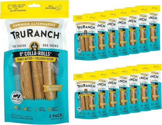 Collagen Rolls - 9" Collagen Rolls for Dogs - Long Lasting Healthy Joint Support - Rawhide Alternative - Skin & Coat Health - Made with Real Peanut Butter, Value Pack, 15 Bags, 45 Count-PawvioPets