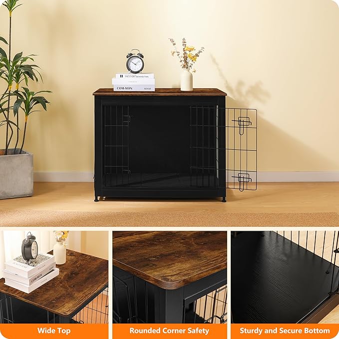 DWANTON Dog Crate Furniture with Cushion, Wooden Kennel Table with Double Doors, Indoor Dog House, Medium Size, 32.5" L, Black+Rustic Brown-PawvioPets