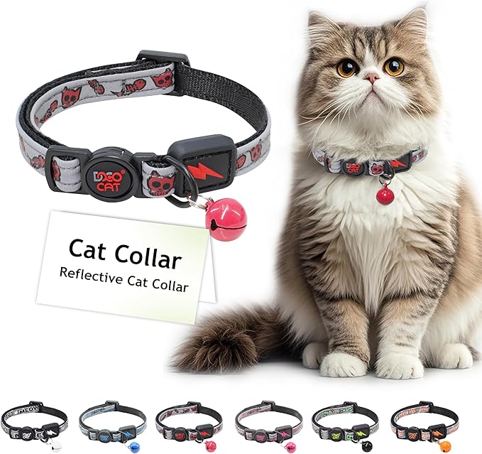 DOCO Cat Collar (Neck Girth - 3/8" x 7.5-12", Weight Upto - 13lb) Reflective Cat Collar with Bell, Breakaway Safety Buckle, Adjustable Nylon Strap for Kittens & Adult Cats (Red)-PawvioPets
