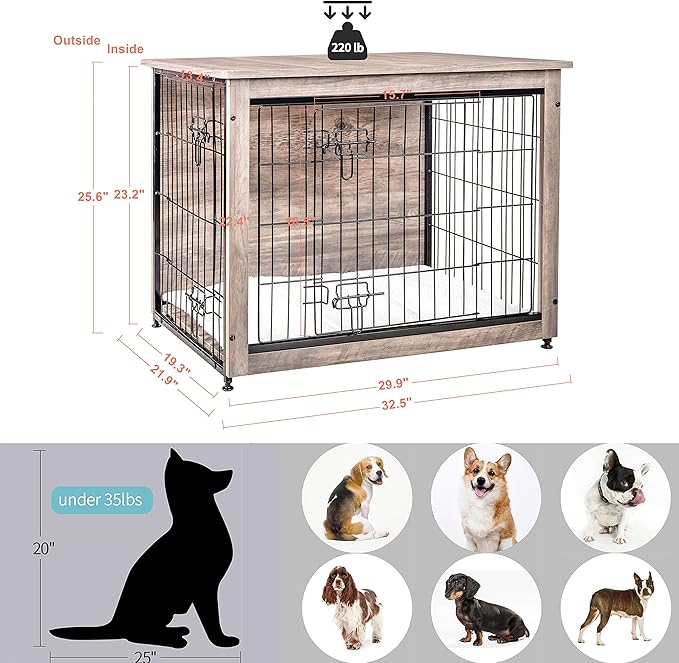 DWANTON Dog Crate Furniture with Cushion, Wooden Kennel Table with Double Doors, Indoor Dog House, Medium Size, 32.5" L, Greige-PawvioPets