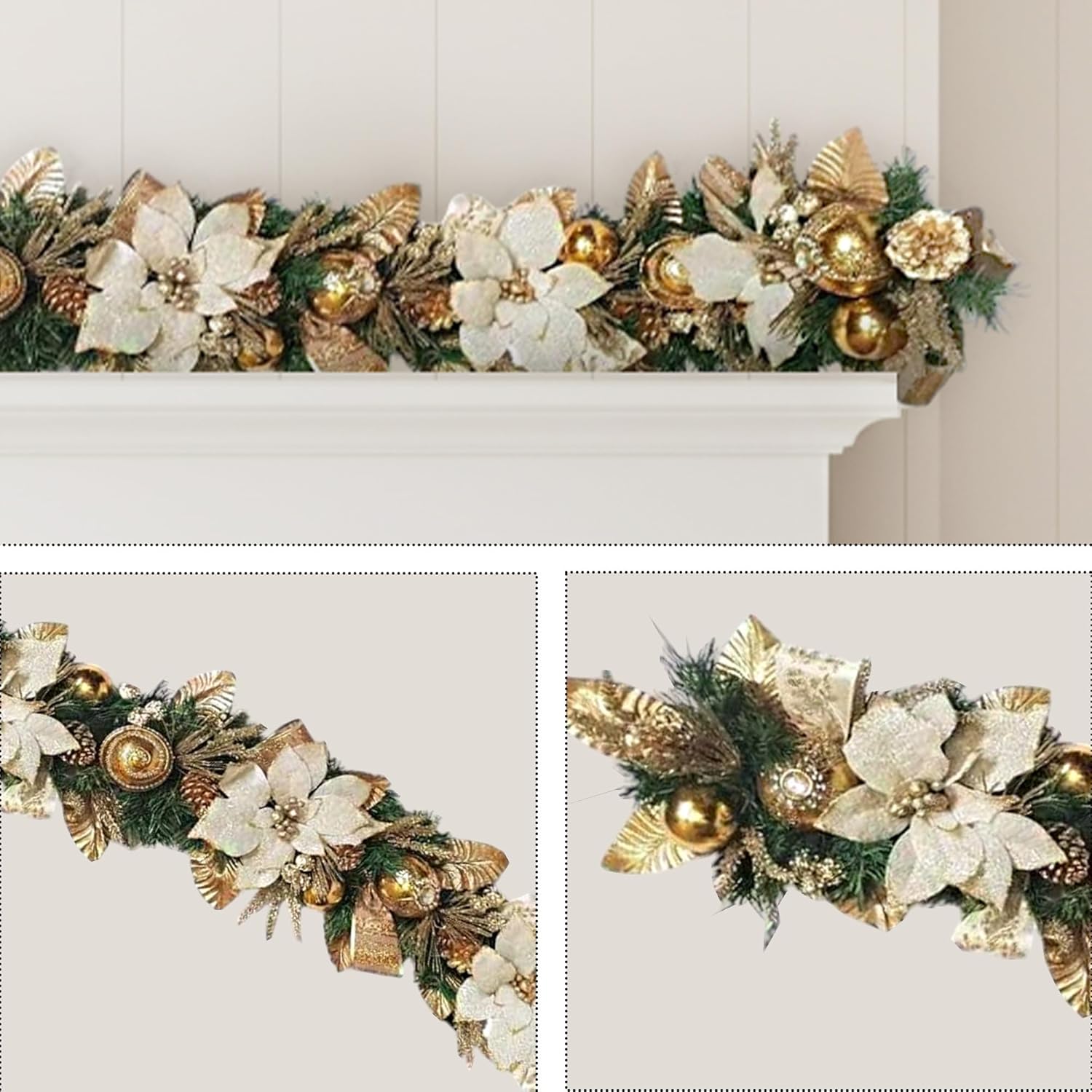 Holiday Tree White Gold Poinsettia Garland 5 Ft – Luxurious Christmas Garland with Metallic Accents, Festive Home Décor for Mantels, Doors & Tables