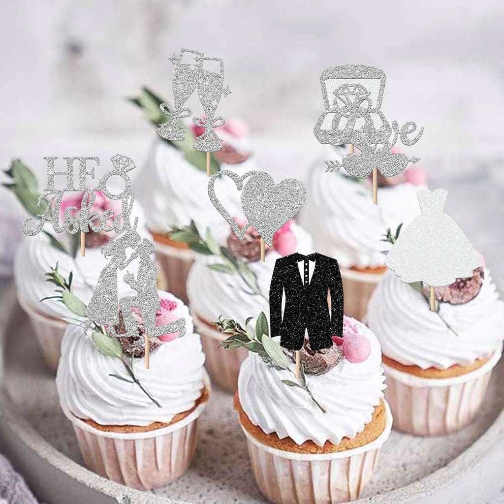 30 Pack Bride to be Cupcake Toppers Glitter Diamond Ring I Do Love Cupcake Picks Miss to Mrs He Asked She Said Yes Bridal Shower Wedding Engagement Bachelorette Cake Decorations Silver