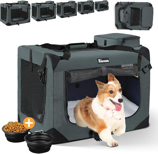 Extra Large Dog Crate with 2 Foldable Bowl, 36 Inch Collapsible Travel Dog Crate Kennel with Soft Blanket for Medium Dogs,Indoor & Outdoor (36" L x 25" W x 25" H, Grey)-PawvioPets