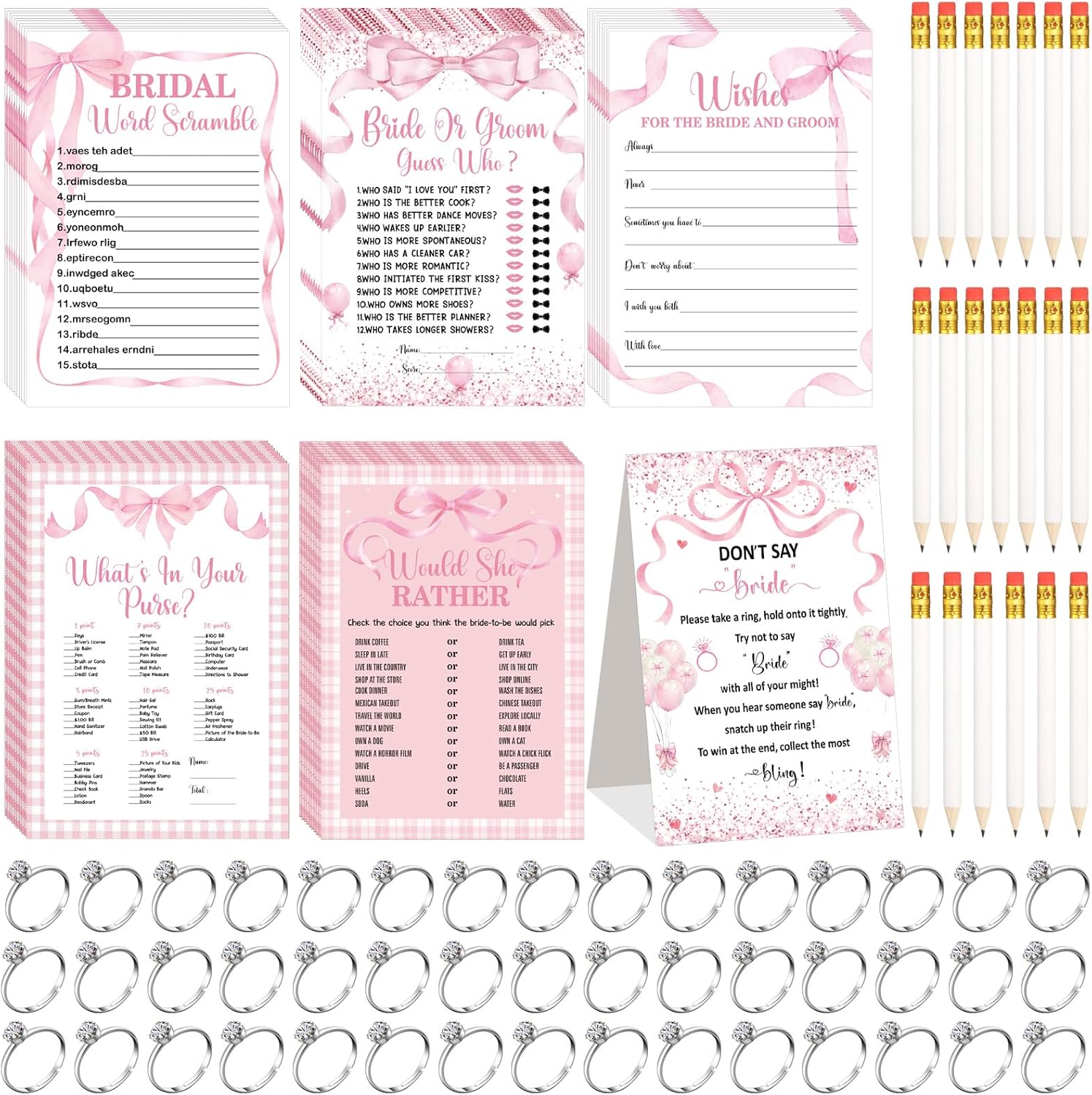 Estune 331 Pcs Bridal Shower Games Supplies, 5 Sets 250 Pcs Wedding Cards 1 Put a Ring on It Bridal Shower Games with 60 Rings and 20 Pencils (Coquette Pink Bow)