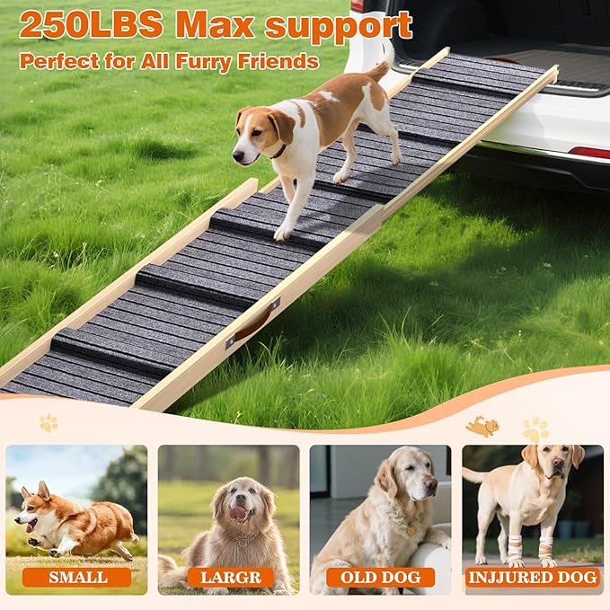 Dog Ramp for Car, 71''x 17'' Extra Long Deluxe Telescoping Design Wooden Pet Ramp, Pet Stair Ramps for Truck SUV with Non-Slip Surface, Portable Outdoor Dog Steps for Medium Large Dogs, Up to 250LBS-PawvioPets