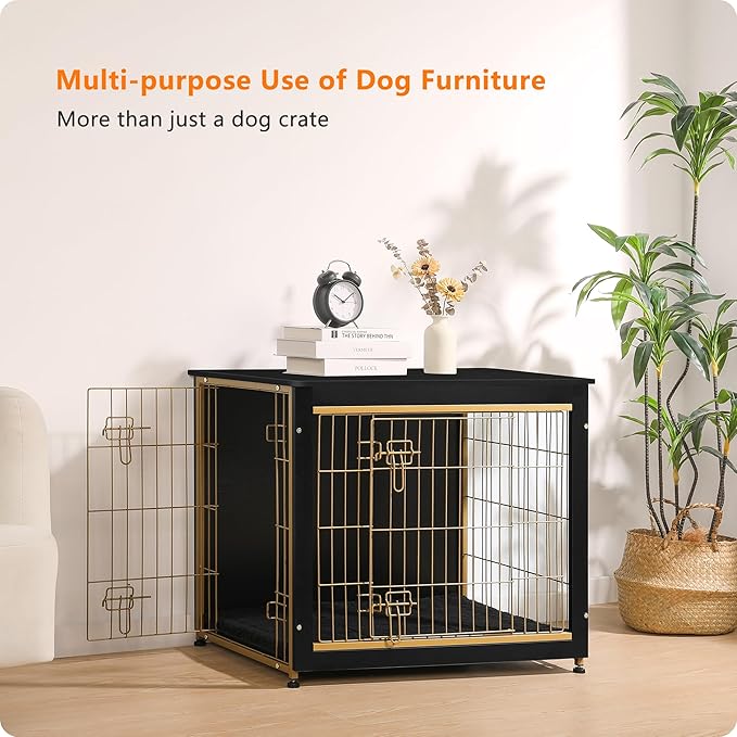 DWANTON Dog Crate Furniture with Cushion, Wooden Kennel Table with Double Doors, Indoor Dog House, Medium Size, 32.5" L, Black+Gold-PawvioPets
